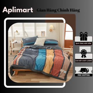 Bộ chăn ga gối cotton tici kẻ chăn chần mềm mịn full size ga giường