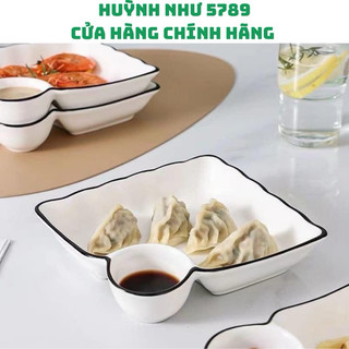 1 cái Đĩa vuông có ngăn chấm làm bằng men sứ 18cm