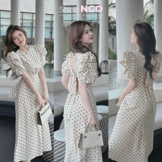 Đầm thời trang nữ mặc đi chơi chất lụa in chấm bi cột nơ lưng tay bồng váy dài suông cho nàng đi biển du lịch