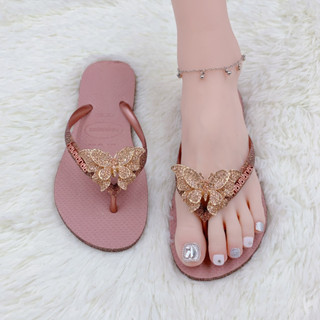Dép Kẹp Nữ Havaianas Kim Tuyến Hồng Ruốc Đính Phụ Kiện