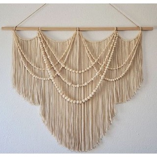 Mành treo tường macrame trang trí mix hạt gỗ size 100*90cm
