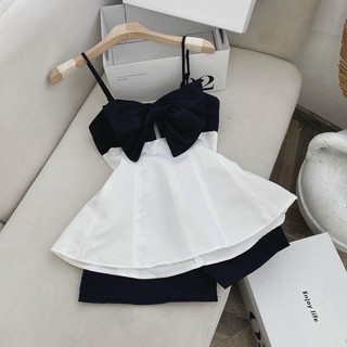 Sét bộ đồ tiểu thư 2 dây nơ ngực có mút lót mix quần short đùi - vn003