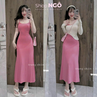Đầm váy nữ mặc đi chơi váy 2 dây body dáng dài màu hồng phối khoác len ren trễ vai siêu xinh tôn dáng - SHOP NGÔ FASHION