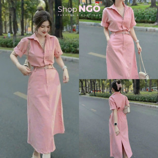 Đầm váy thời trang nữ,đầm hồng cổ sơ mi gài nút dáng dài kèm nịt thanh lịch chất kaki mềm màupasstel đi chơi,đi làm,XỊN