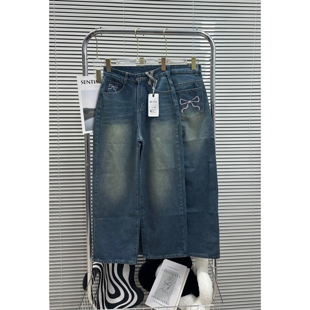 ( Suông dưới m58) Quần Jeans Nữ , Quần Bò Nữ Cạp Cao Có Thêu Nơ Xinh Xắn Chất Jeans QCCC lanvyshop MS 205