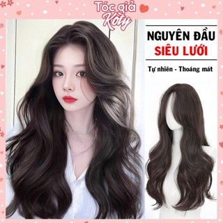 Tóc giả siêu da đầu xoăn dài mái bay, tóc giả nguyên đầu siêu lưới không mái cho nữ