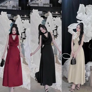 Đầm xòe dáng dài phối dây cổ chất tuyết nhung xinh đẹp dịu dàng phù hợp đi chơi đi tiệc D429