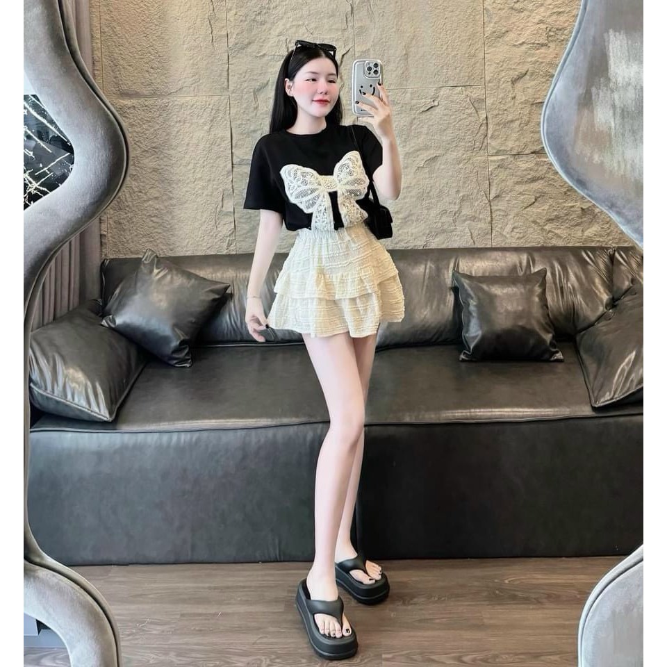 [quà cột tóc] sét chân váy xòe tầng và áo thun đính nơ ren trẻ trung D1R05