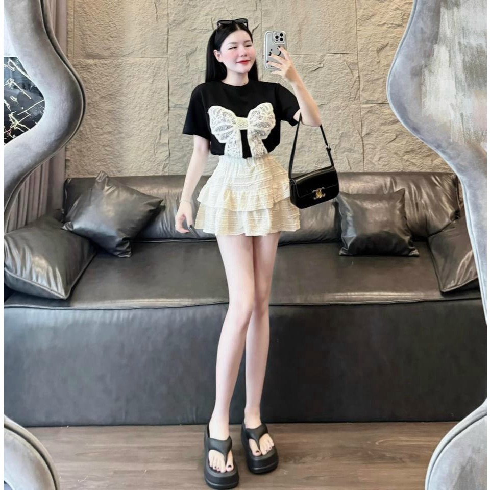 [quà cột tóc] sét chân váy xòe tầng và áo thun đính nơ ren trẻ trung D1R05