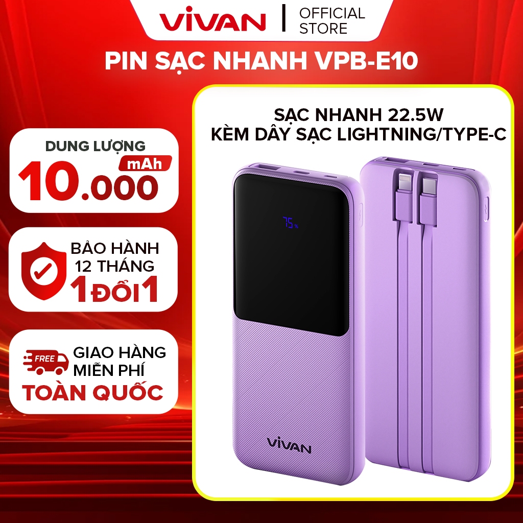 Pin Sạc Dự Phòng 10000mAh VIVAN VPB-E10 Tích Hợp Dây Sạc, 4 OUTPUT Công Suất 22.5W, Hỗ Trợ PD/ QC3.0/ VOOC