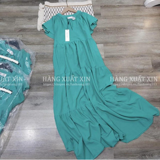 Đầm váy midi  cổ V, tay cánh tiên vải mềm xốp kèm đai hàng xuất dư xịn