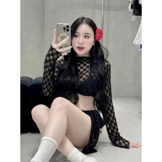Bikini Set 4 Mảnh Đồ Bơi Phối Lưới Tay Dài Áo Crop Loại 1