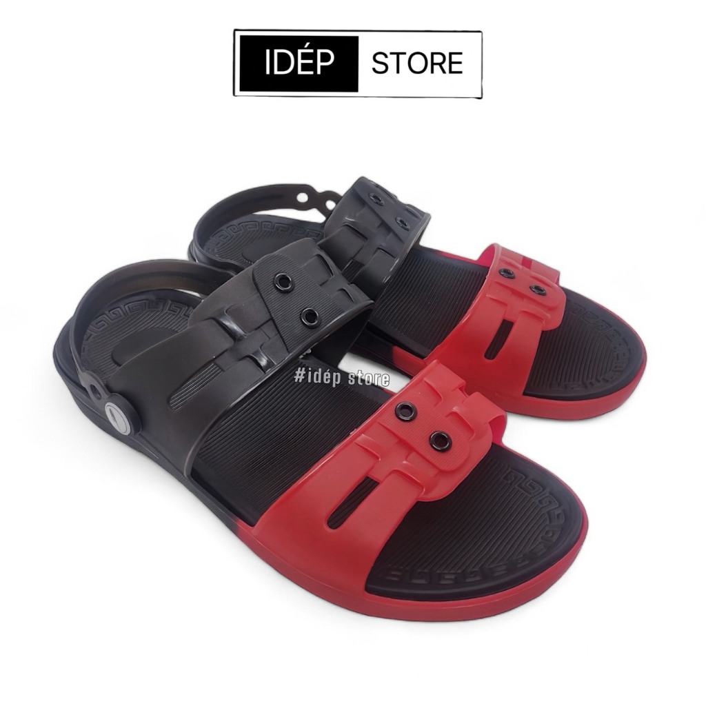 Giày sandal nam nhựa dẻo quai ngang đi mưa đi biển siêu nhẹ chống thấm nước siêu bền 𝗶𝗗É𝗣 (Đen đỏ)