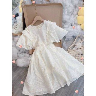 [Pass] Đầm xoè phối bèo nhún chất gấm xốp màu trắng kem size M <52kg