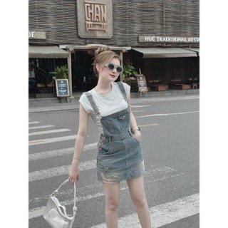 Set thời trang nữ mặc đi chơi chất áo tăm cổ tròn tay ngắn váy yếm jean có túi hai bên ngắn mini năng động siêu xinh