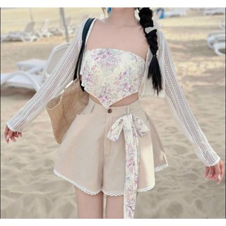 Set thời trang nữ mặc đi biển chất áo xô ren 2 lớp cúp ngực có mút kèm áo khoác len ren quần for ngắn mini siêu xinh