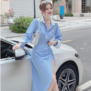  Set Áo sơ mi kẻ sọc dài tay mix với chân váy xẻ tà cách điệu dáng đuôi tôm thanh lịch siêu tôn dáng Mymy.stores 
