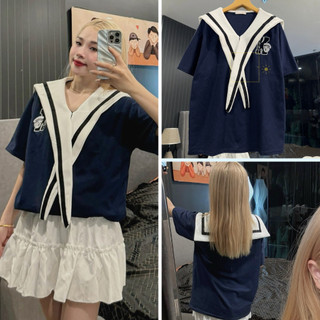 Áo phông nữ thủy thủ tay lỡ phối khăn sọc viền, áo thun thêu logo chữ K hình gấu chất liệu cotton
