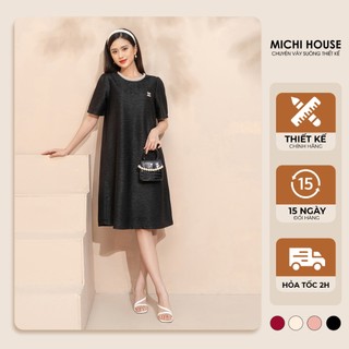 Đầm Gấm Suông MICHI House Váy Xuông Cổ Tròn Đính Ngọc Ngắn Tay Có Bigsize V340