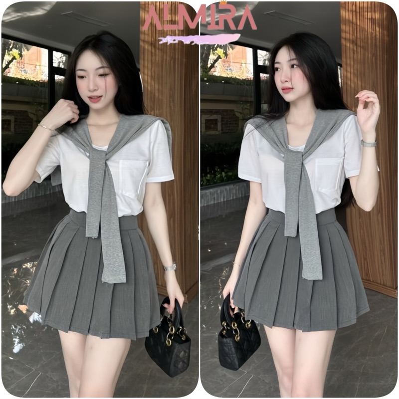 Sét Váy Thuỷ Thủ Nữ 3 Món Gồm Áo Thun Túi Ngực + Khăn Choàng + Chân Váy Xếp Ly (LA01)