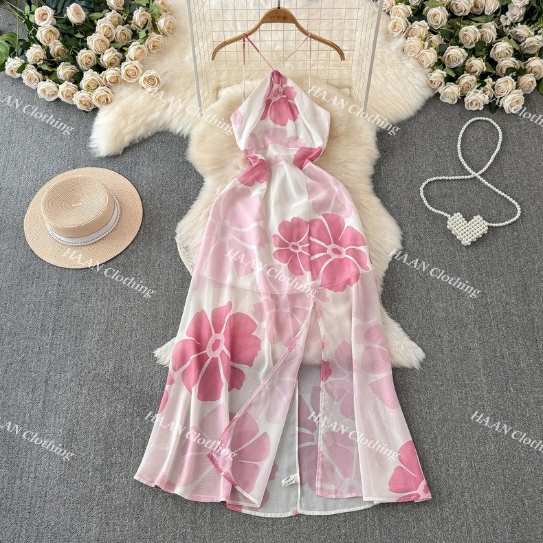 Đầm maxi QC voan váy hai dây cổ yếm pha màu hồng xẻ tà ngọt ngào có bo chun siêu xinh