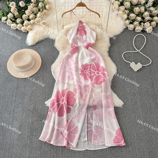 HA5146 [Order] Đầm maxi QC voan váy hai dây cổ yếm pha màu hồng xẻ tà ngọt ngào có bo chun siêu xinh