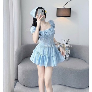 BIGSIZE HIẾU HIẾU (55-95KG) - Set bộ thời trang nữ caro Áo cúp + Chân váy xoè phối nơ + Gài tóc dễ thương