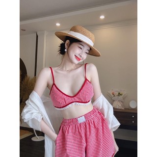 BIGSIZE HIẾU HIẾU (55-95KG) - Set bộ 3 món caro đi biển Áo 2 dây viền ren + Quần đùi lưng thun + Áo khoác sơ mi trắng
