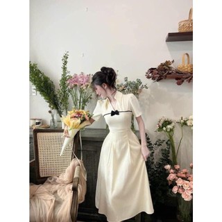 Đầm nữ dự tiệc dáng dài cổ áo sơ mi tay ngắn dáng xòe phù hợp đi chơi , đi dự tiệc siêu sang chất vải tuyết mưa 2 lớp
