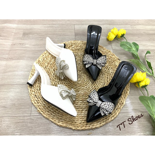 Giày sục nữ 7cm gót nhọn da bóng nơ xoàn cao cấp chống trơn TT Shoes tinxona