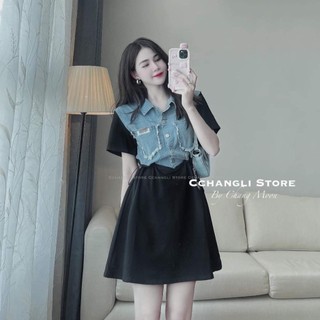 Váy đầm nữ chất jean phối lụa phom basic dễ mặc phù hợp mặc đi chơi đi làm