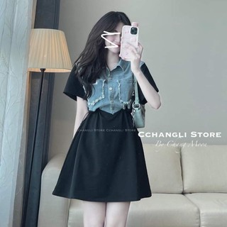 Váy đầm nữ chất jean phối lụa phom basic dễ mặc phù hợp mặc đi chơi đi làm