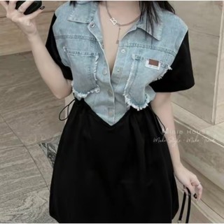 Váy đầm nữ chất jean phối lụa phom basic dễ mặc phù hợp mặc đi chơi đi làm