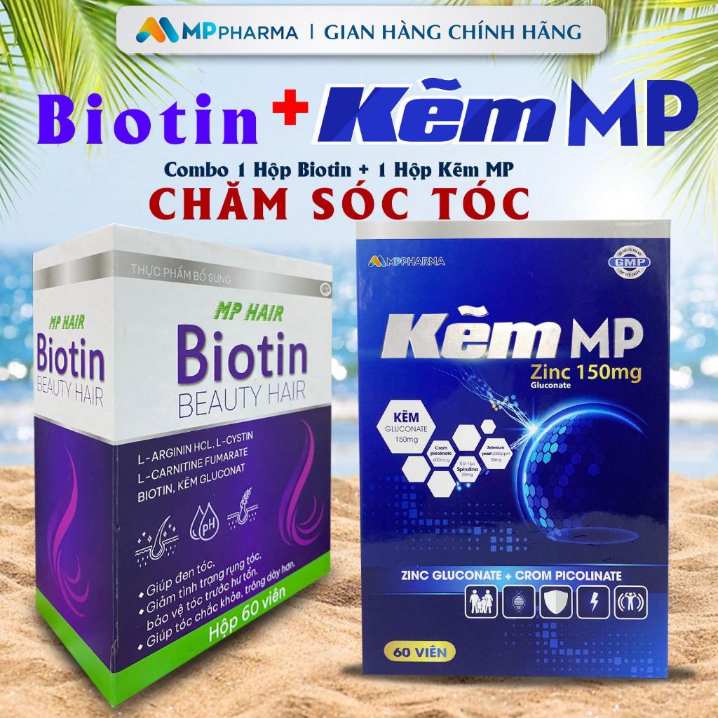 Combo viên uống  ngăn rụng tóc, hỗ trợ mọc tóc- Kẽm MP Zinc và Biotin Beauty Hair ,hộp 60 viên
