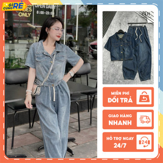 Set đồ nữ mùa hè Bộ Jean thêu chữ a chất mềm Áo dáng ngắn quần Baggy C&H Clothing
