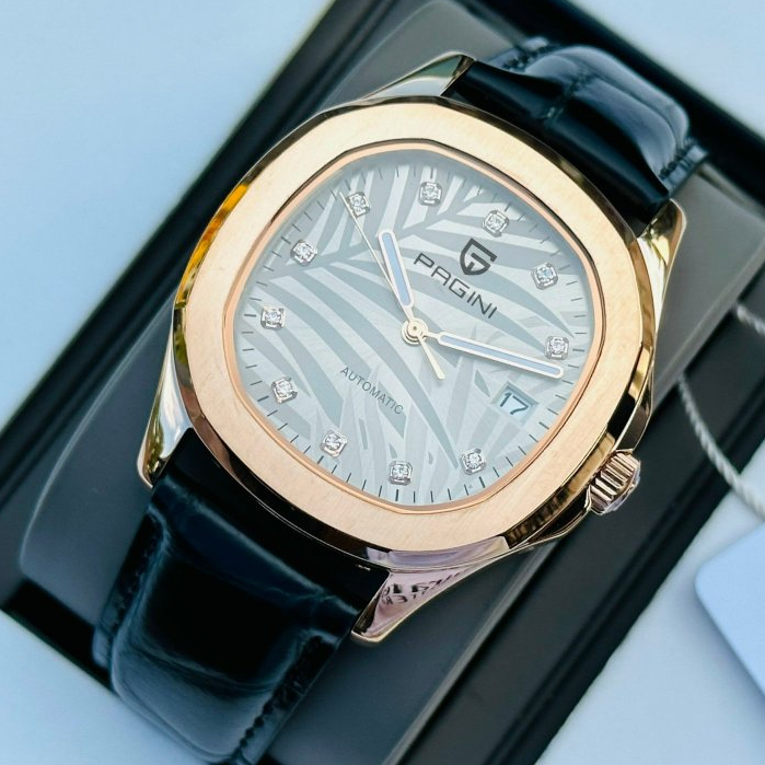 Đồng Hồ Nam Cơ Pagini Lá Liễu Mặt Vuông - Dây Da - Chạy Full Kim