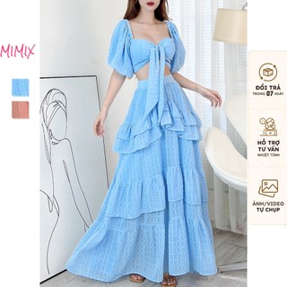 Set váy mimix áo croptop tay phồng và chân váy dáng dài xòe bèo tầng dễ thương chất tơ bông tuyết 3 màu cc6250