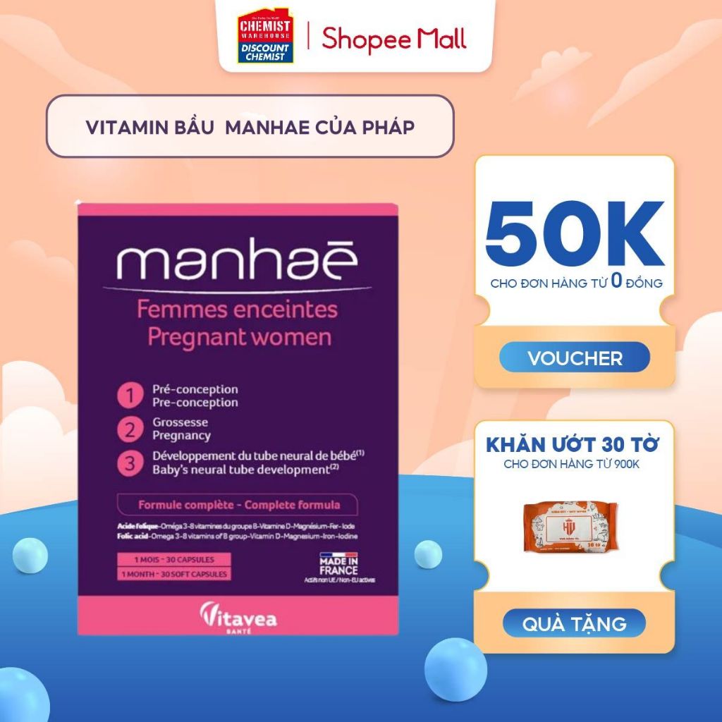 Vitamin tổng hợp bầu Manhae Femmes enceintes Pregnant women bổ sung acid folic và sắt cho mẹ bầu hộp 60 viên
