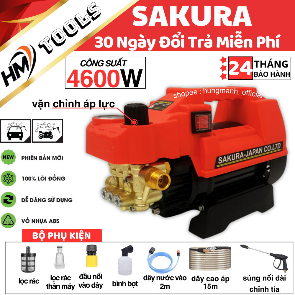Máy Rửa Xe Áp Lực Cao Sakura 4600W - Áp Lực Cao - Có Chỉnh Áp - Máy Xịt Rửa Xe Gia Đình Tặng Kèm Bình Tạo Bọt Tuyết