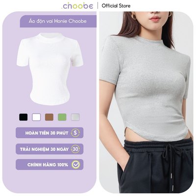 Áo phông nữ Choobe độn vai đuôi tôm cổ cao dáng lửng kiểu ôm body cộc tay trơn trendy A58