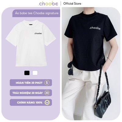 Áo phông baby tee Choobe nữ thun cộc tay cổ cao basic trơn thêu chữ cotton co giãn thoáng mát A98