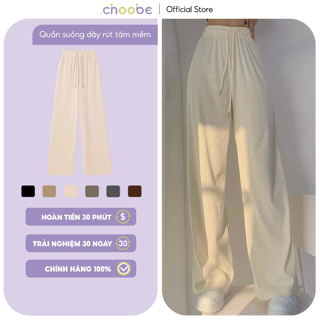 Quần Ống Rộng Nữ Choobe Vải Cạp Cao Co Giãn Tốt Kiểu Culottes Dáng Thụng Có Dây Rút