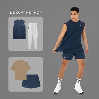 Bộ đồ tập gym boxing nam Fitme Men áo thun ba lỗ, Quần đùi vạt xẻ cạp chun co giãn Xanh Navy