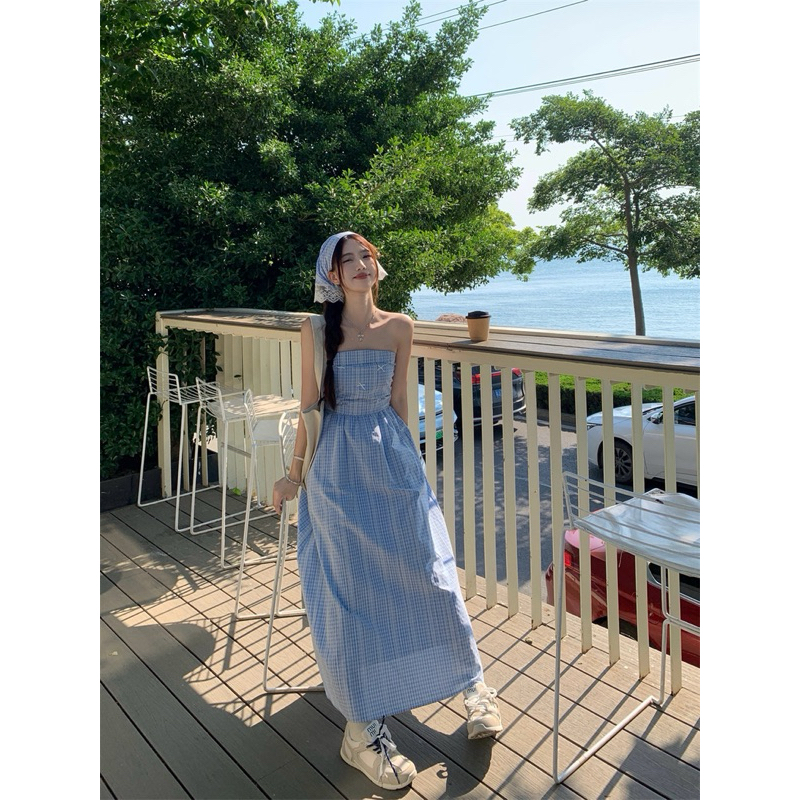 [ Order ] Đầm caro nơ xanh dáng dài