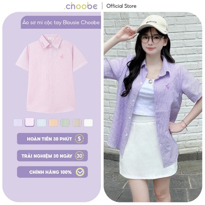 Áo sơ mi nữ Blousie Choobe kẻ sọc oversize cộc tay form suông rộng khoác ngoài Hàn Quốc ASM03