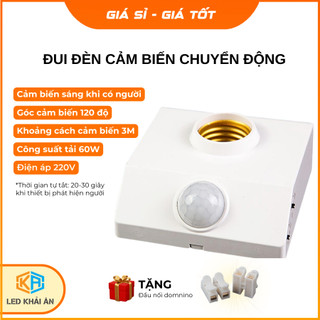 [Tặng Đầu Nối Domino] Đui Đuôi Đèn E27 Cảm Ứng Hồng Ngoại Khải Ân Màu Trắng, Chuôi Đèn Cảm Biến Chuyển Động