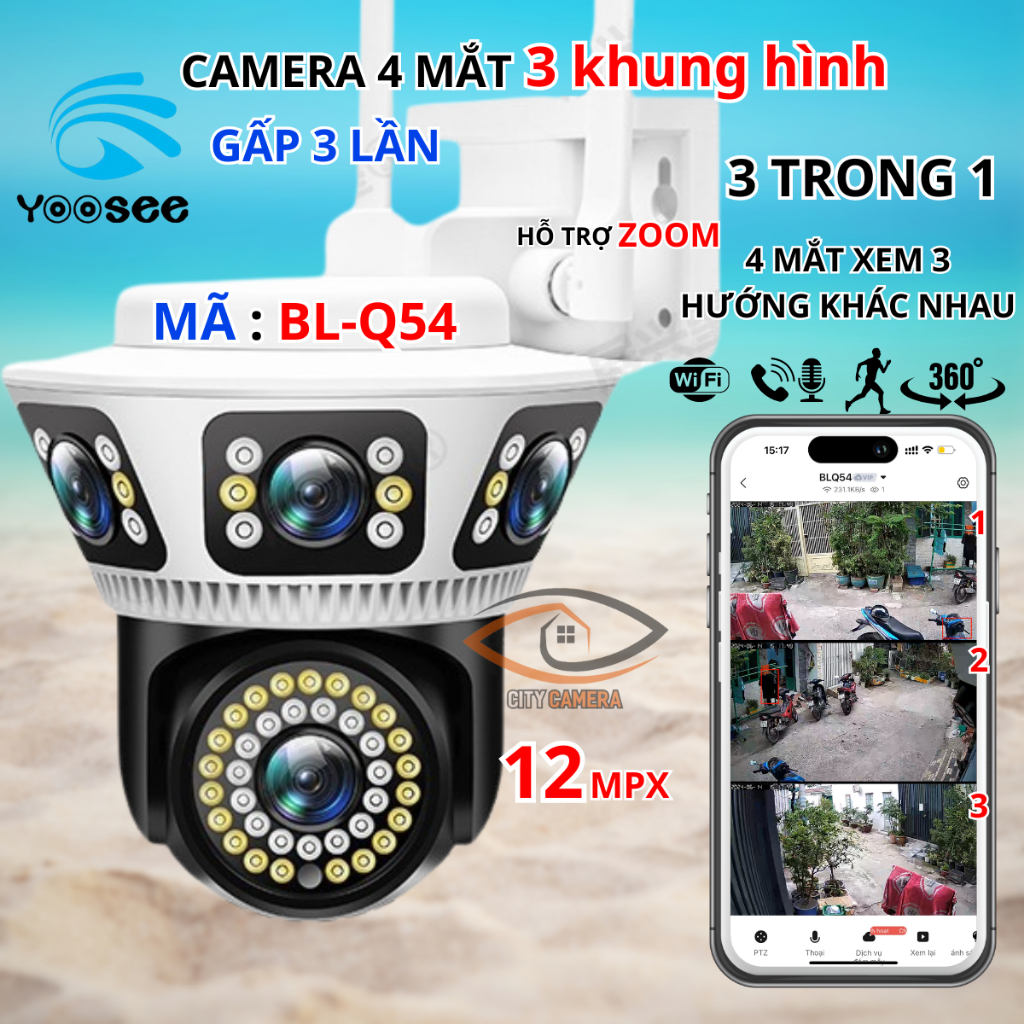 Camera Yoosee 4 mắt 3 khung hình BL-Q54, Độ phân giải 12MPX có Đèn LED chiếu xa, sắc nét, chất lượng