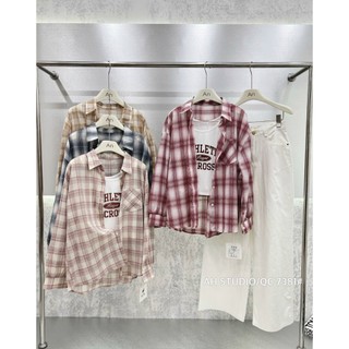 S7381 / SET SƠMI KẺ FORM RỘNG MIX ÁO DÂY CHỮ TRẮNG CROPTOP QUẢNG CHÂU