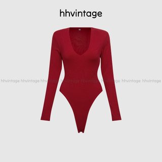 Áo bodysuite nữ cổ tim 2 lớp tay dài chất thun tăm lụa dày dặn ôm body I Hhvintage