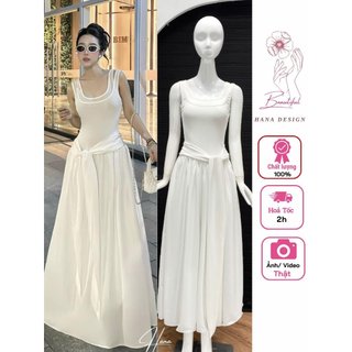 Đầm maxi thun dáng dài xòe thắt dây eo đầm dự tiệc sang chảnh thiết kế 2 màu